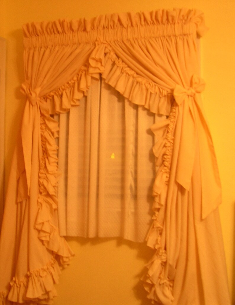 Handmade Vintage Country Curtains in Beige, Fully Gathered Window