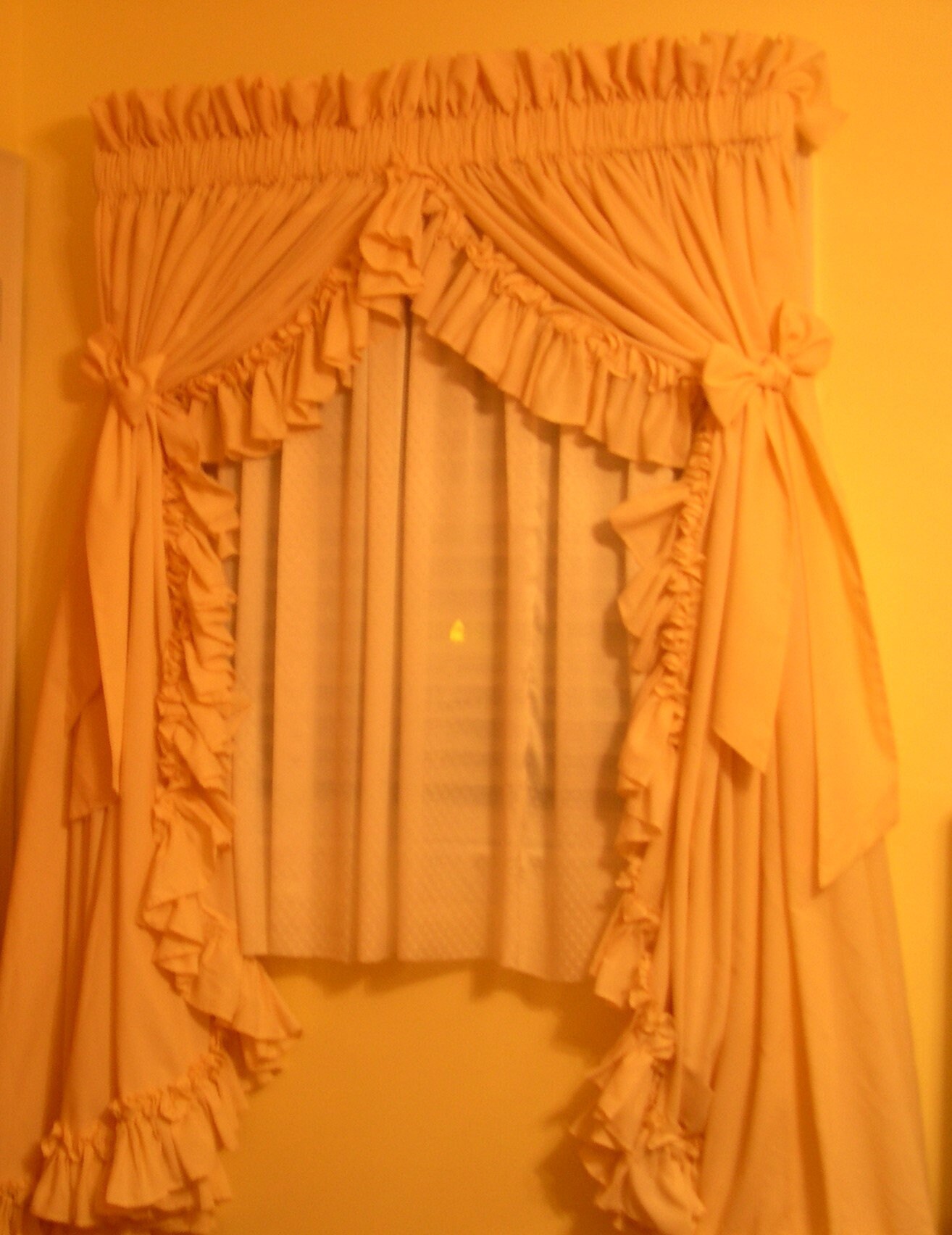 Handmade Vintage Country Curtains in Beige, Fully Gathered Window