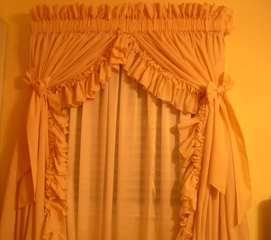 Handmade Vintage Country Curtains in Beige, Fully Gathered Window