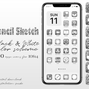 Pencil Sketch iOS Icon Packs | iPhone iOS 14 Aesthetic Icons  | iOS 14 aesthetic black | iOS14 | Sketch iOS Icon Packs | iOS 14 icons black