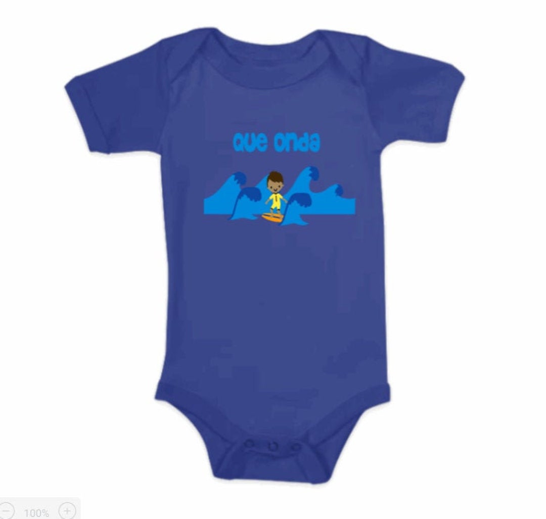 Que Onda Latino Baby Boy Onesie, Baby Clothes in Spanish, Cute Surfer