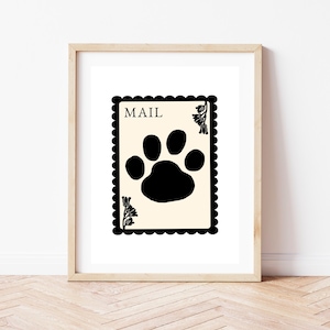 Dog Paw Print Mail Stamp, Black and Cream, Digital Download, Printable Art, Pet Wall Decor, Bedroom Art Poster