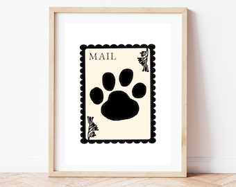 Dog Paw Print Mail Stamp, Black and Cream, Digital Download, Printable Art, Pet Wall Decor, Bedroom Art Poster