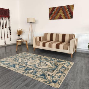 Handmade Wool Oushak Rug: 4x6 Blue & White Vintage Turkish Rug