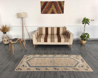 Vintage Oushak Runner Rug: Pastel Blue Wool Hallway Rug (2.4x6.2 Ft)
