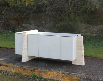 Vintage Monumental Travertine Marble and Glass Floating Credenza