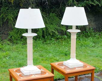 FREE SHIPPING - Vintage Pair Travertine Rattan Column Lamps - 80s Coastal Mod