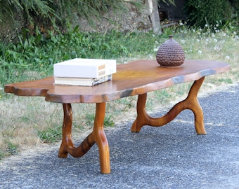 Vintage Monumental Biomorphic Live Edge Monkey Pod Coffee Table after Perriand, Nakashima
