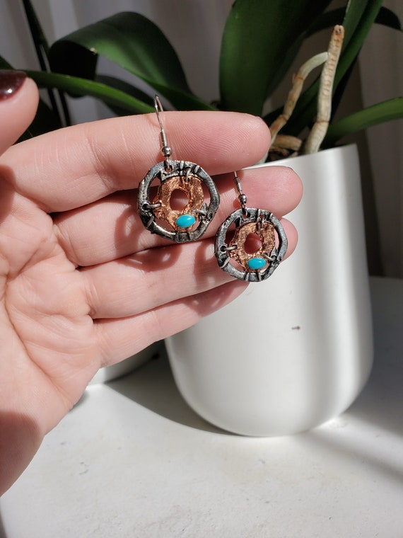 Handmade Silver and Copper Disk Drop Earrings wit… - image 1