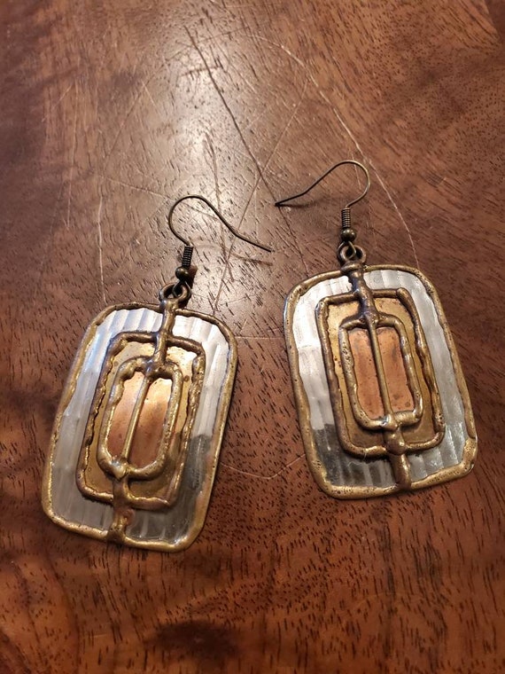 Handmade Silver, Gold, and Copper Rectangle Earri… - image 2