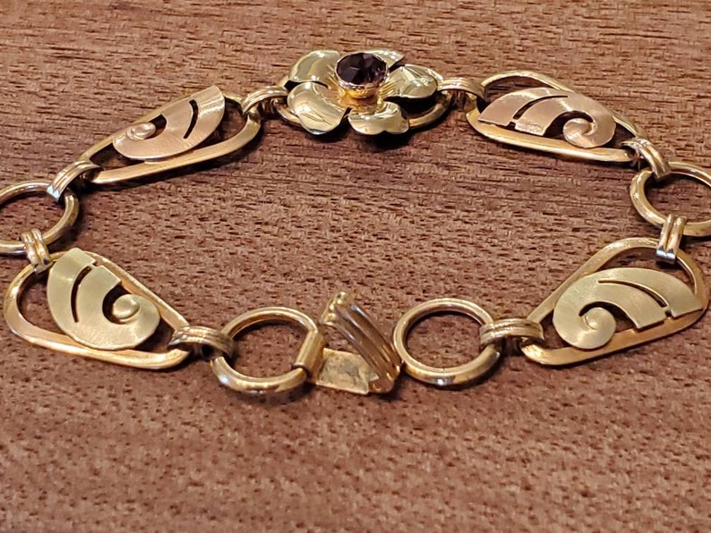 Rose and Green Gold Filled Flower Link Bracelet with Amethyst Glass Stone Vintage Yellow