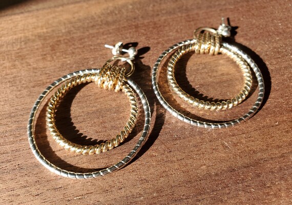 Gold and Silver Twist Drop Hoop Earrings