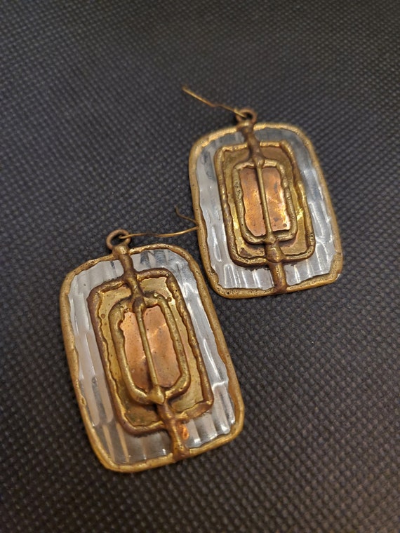 Handmade Silver, Gold, and Copper Rectangle Earri… - image 4