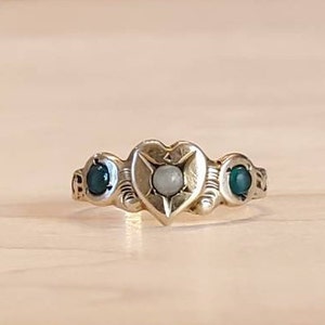 Victorian Baby Ring Emerald Paste and Seed Pearl in 14kt Yellow Gold - Pendant - Charm - Midi Ring - Child&#39;s Ring Size 0