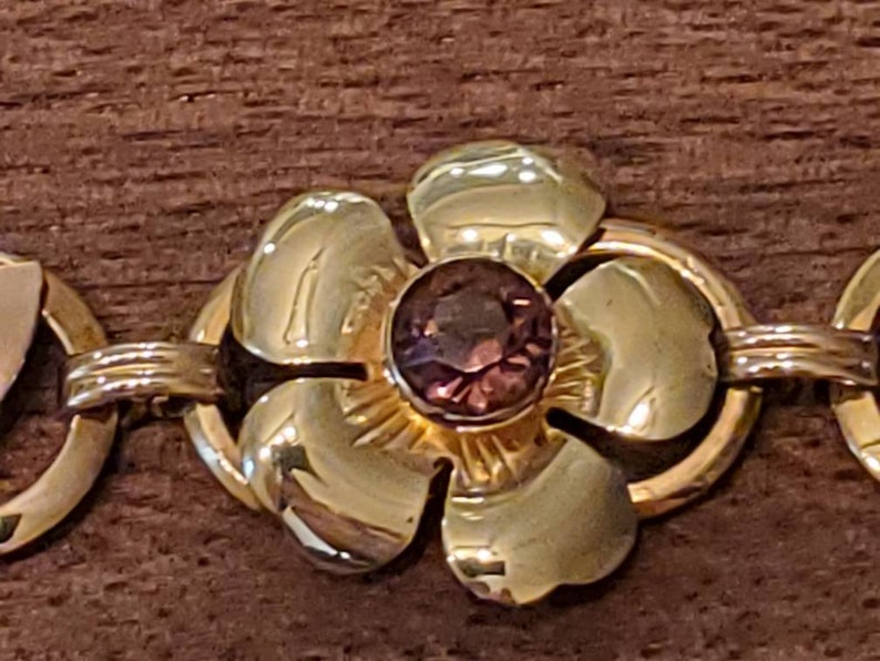 Rose and Green Gold Filled Flower Link Bracelet with Amethyst Glass Stone Vintage Yellow