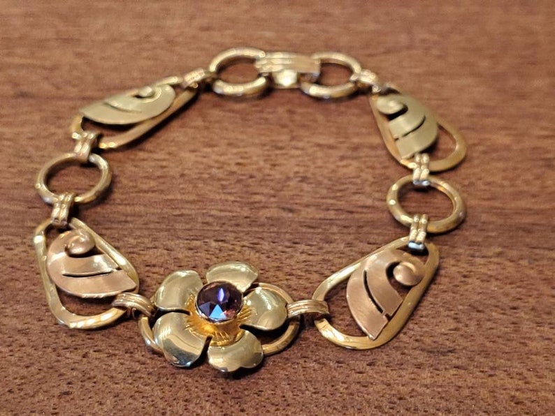 Rose and Green Gold Filled Flower Link Bracelet with Amethyst Glass Stone Vintage Yellow