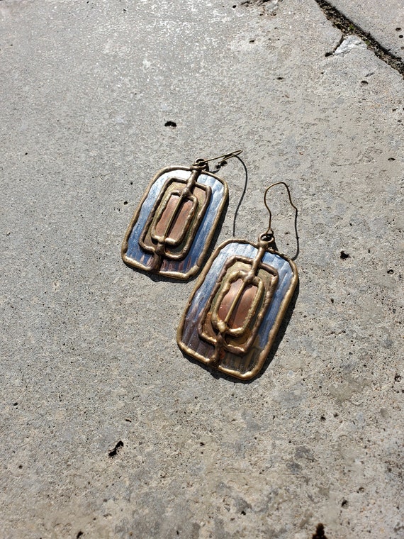 Handmade Silver, Gold, and Copper Rectangle Earrin