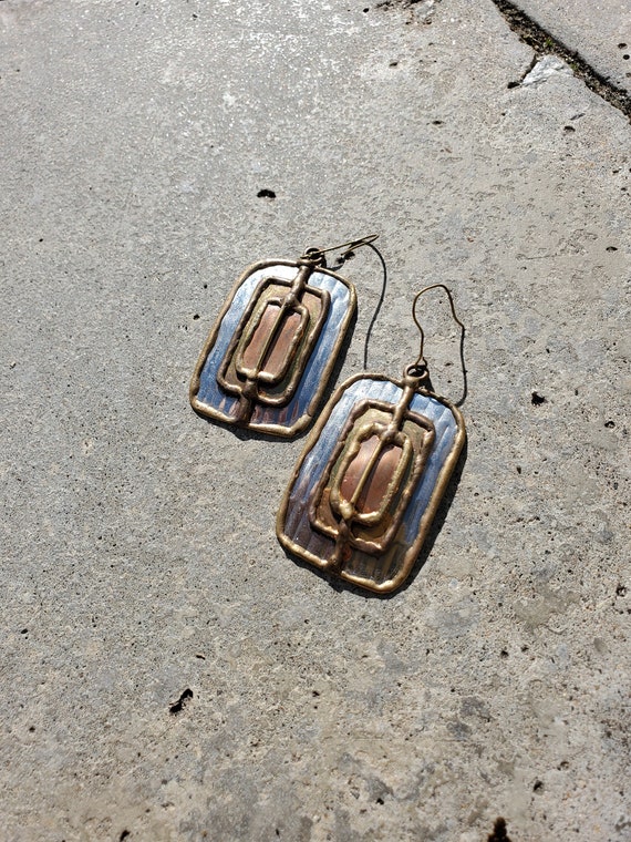 Handmade Silver, Gold, and Copper Rectangle Earri… - image 1
