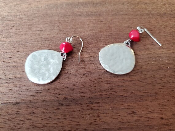 Hammered Silver Disk with Red Bead Drop Earrings - image 2