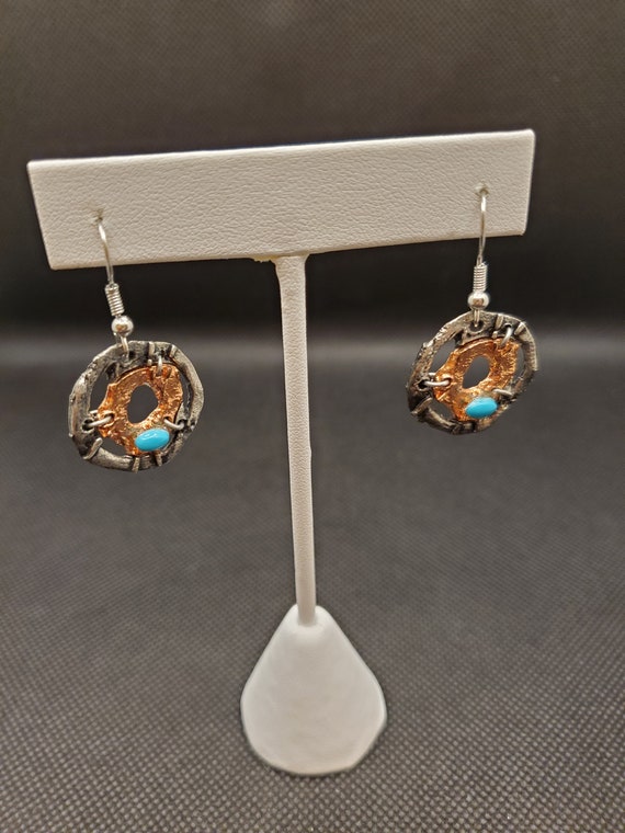 Handmade Silver and Copper Disk Drop Earrings wit… - image 2