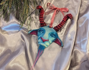 UV Blacklight Reactive Goat Head Ornament, Krampus, Yule Goat, Glow in The Dark, Fluorescent Neon