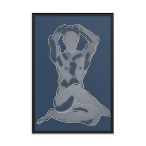 May include: A line drawing of a person in a seated pose with their arms raised above their head. The drawing is in shades of blue and white against a dark blue background.
