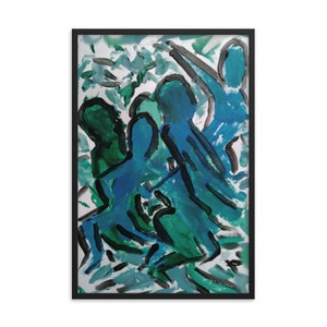 May include: Abstract art print in a black frame. The artwork features figures in shades of blue and green against a white background. The brushstrokes are visible, creating a textured appearance. The overall theme is modern and expressive.