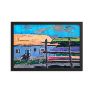 May include: A painting of a blue house with a yellow roof and a wooden fence in front of it. There are colorful kayaks stacked on the fence.