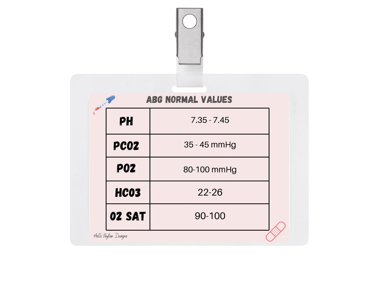 Puede incluir: Una tarjeta blanca con fondo rosa y una tabla que enumera los valores normales de una prueba de gases en sangre arterial (ABG). La tabla incluye valores para pH, PCO2, PO2, HCO3 y saturaci&oacute;n de O2.