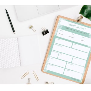 May include: A green and white printable shift report form with a hand-drawn arrow and floral design. The form includes sections for name, room number, age, code status, DOB, allergies, diagnosis, medications, vitals, activity, respiratory, and output.