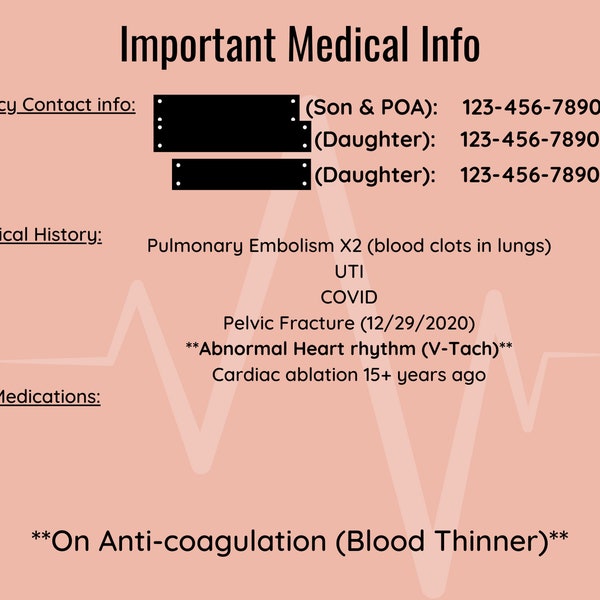 Important Medical Information to display in home in case of Emergencies