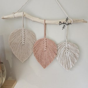 Decoration Boheme Plumes macrame feuilles chambre entrée cadeaux salon boho renovation mur Trio Taupe Rose