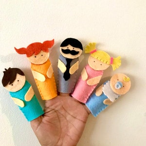 Vingerpop pdf-patroon, familie vilten vingerpoppen, vilten marionet, montessori babyspeelgoed, vingerpop set, bos babyspeelgoed