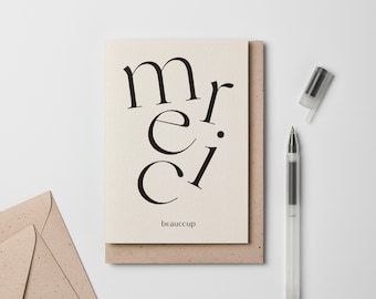 Thank You Card Merci Beaucoup French Serif Typography Minimal Sustainable Eco Greeting Card UK