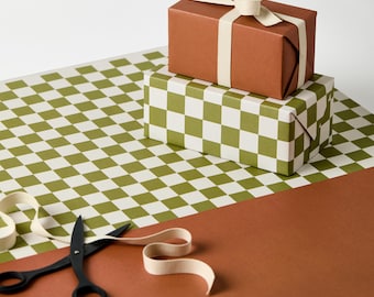 Geschenkpapier Grünes Schachbrett Zimt Kombipapier 3 Bögen Sustainable Recycled Eco UK