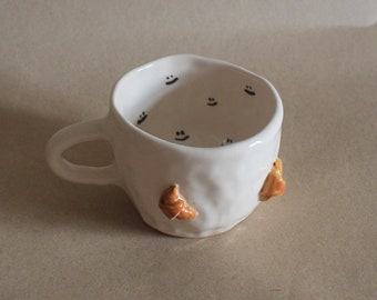 Handmade Ceramic Croissant Decorated Pottery Mug, Cute Unique Mug with Smileys and Morning Quote Inside