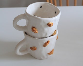 Handmade Ceramic Croissant Decorated Pottery Mug, Cute Unique Mug with Black Hearts Inside (1 MUG)