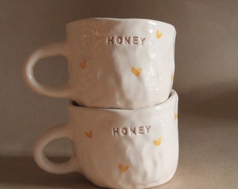 Handmade Ceramic Quoted Simple Pottery Mug with Small Pink Hearts (1 MUG)