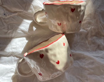 Handmade Ceramic Simple Pottery Mug with Small Red Hearts (1 Mug)