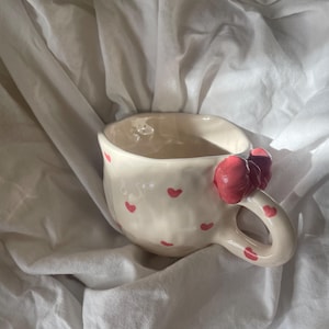 Handmade Pink Heart Ceramic Mug: Coquette Cottagecore Coffee Cup