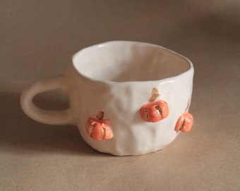 Handmade Ceramic Pumpkin Pottery Mug with Little Pumpkins, Halloween Gift