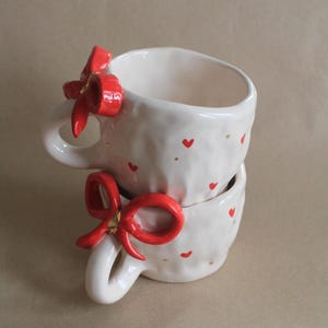 Handmade Ceramic Mug & Dessert Plate Set: Red Bowtie, Hearts, Gold Dots