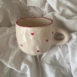 Handmade Ceramic Simple Pottery Mug with Small Red Hearts (1 Mug)