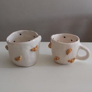 Handmade Ceramic Croissant Decorated Pottery Matcha Bowl, Cute Unique Bowl with Black Hearts Inside PRE ORDER