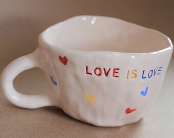 Handmade Ceramic Pride LGBTQ+ Pottery Mug with Small Colorful Hearts