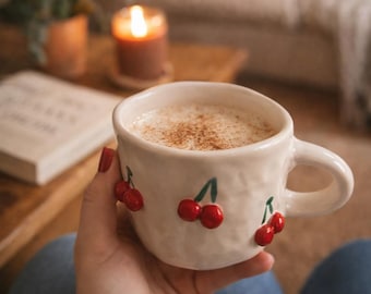 Taza de cerámica con cerezas hecha a mano: una taza de café de cerámica única