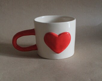 Handmade Ceramic Red Heart Mug, Big Red Heart Mug with Red Handle, Valentines Day Gift