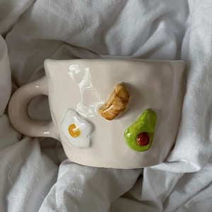 Handmade Breakfast Mug, Croissant Coffee Mug, Avocado & Fried Egg Ceramic Cup, Cute Food Mug, Funny Pottery Gift
