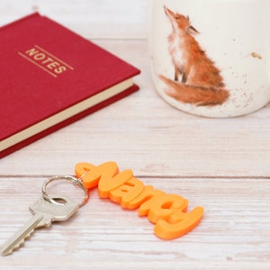 May include: An orange keychain spelling "Nancy" with a silver key attached, resting on a light wood surface. A red notebook with "NOTES" in gold lettering and a mug with a fox illustration are also present.
