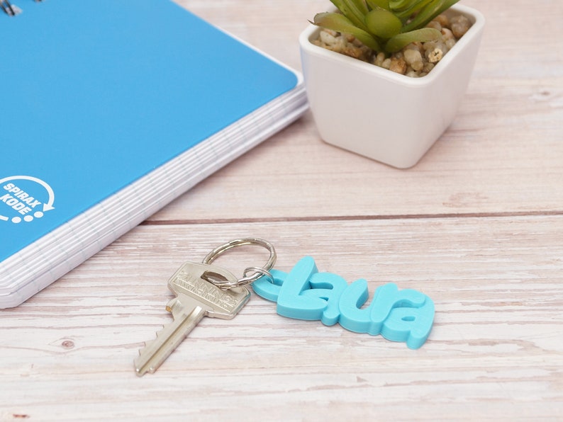 May include: A light blue keychain with the name "Laura" attached to a silver key. The keychain is lying on a light wood surface next to a blue spiral notebook and a small white pot with a green plant.